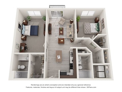 Floor plan for 2 beds, 2 baths, 1138 sqft